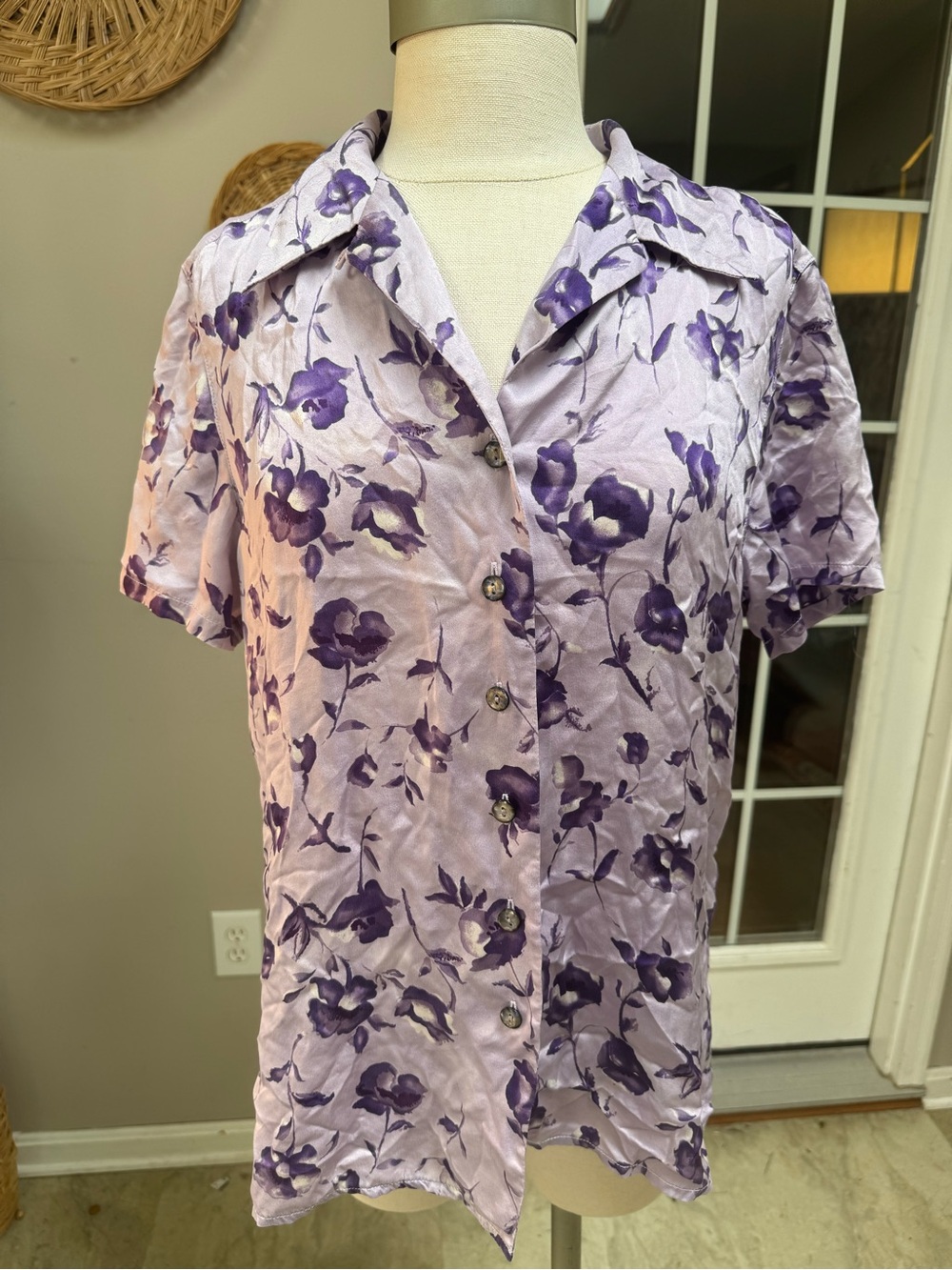 Vintage August Silk Floral Button Down Shirt Purple Lilac 100% Silk Medium